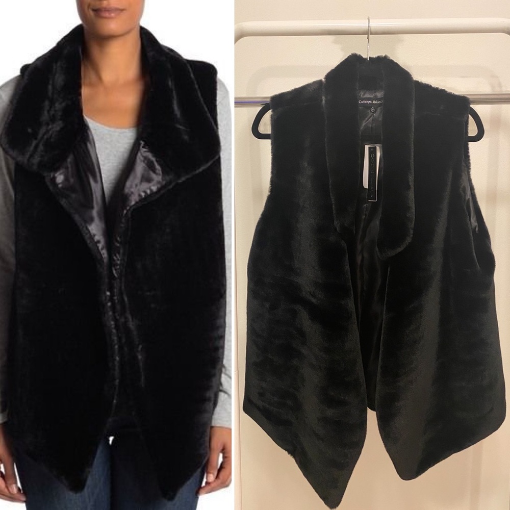 CATHERINE MALANDRINO Black Faux Fur Vest NWT - XL